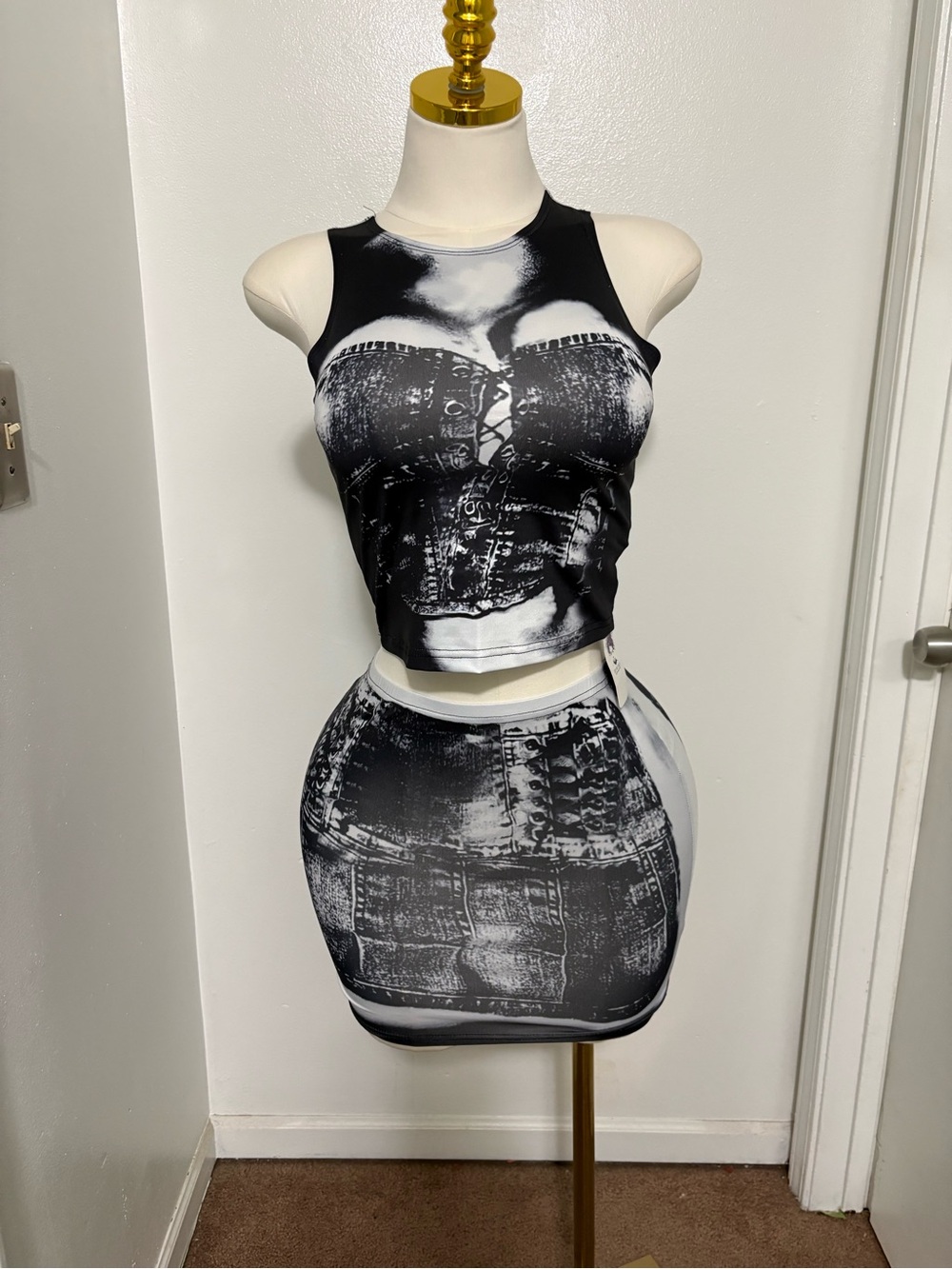 Black & White Printed Two-Piece Crop Top + Mini Skirt Set